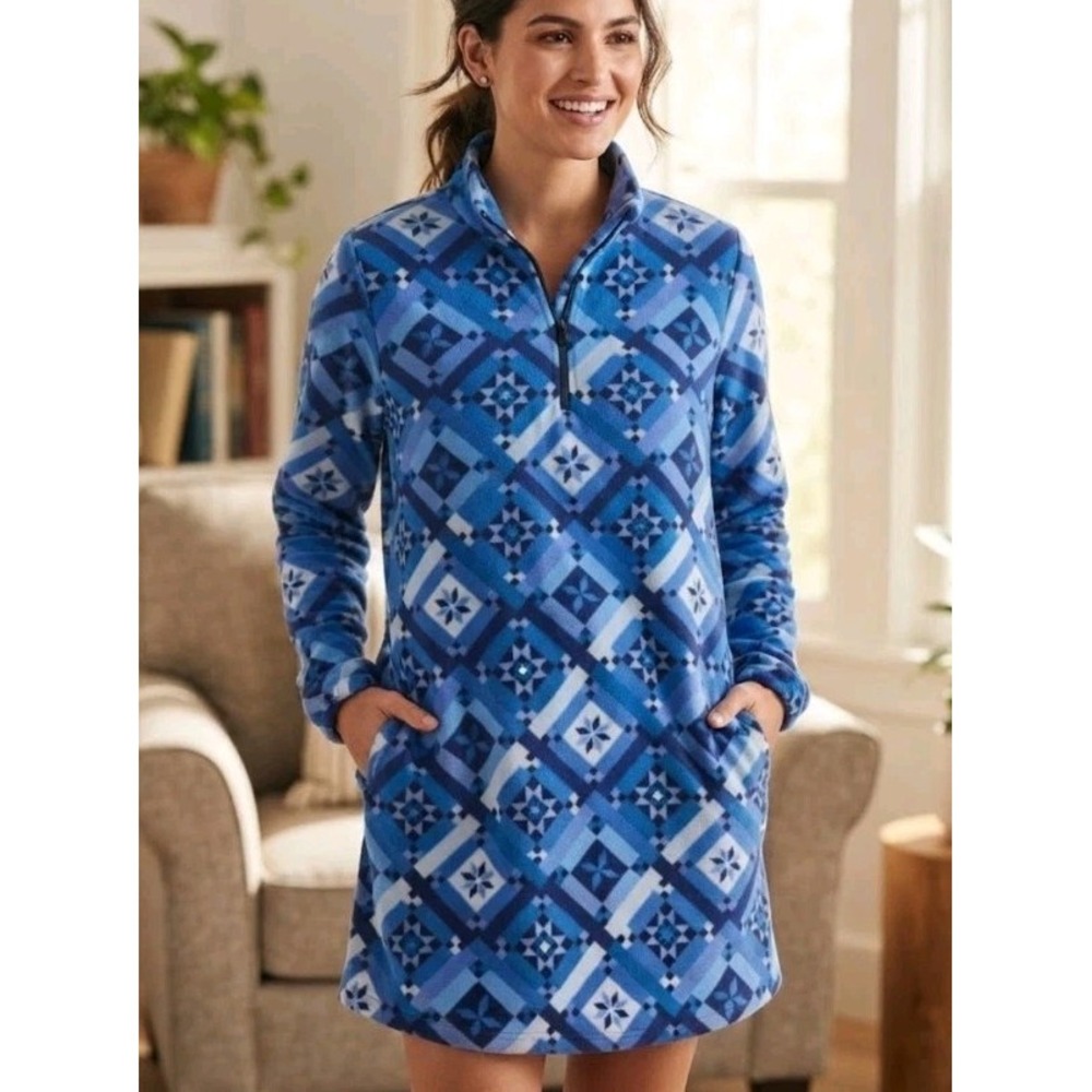 Lands' End Fleece Dress 1X 16W 18W Blue Nordic Geometric Quarter Zip Pockets